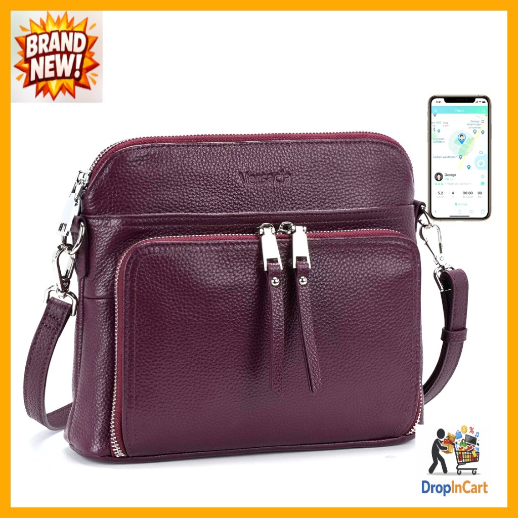 Genuine Leather Crossbody Bag Rfid Blocking Smart Tracker Tag Adjustable Strap